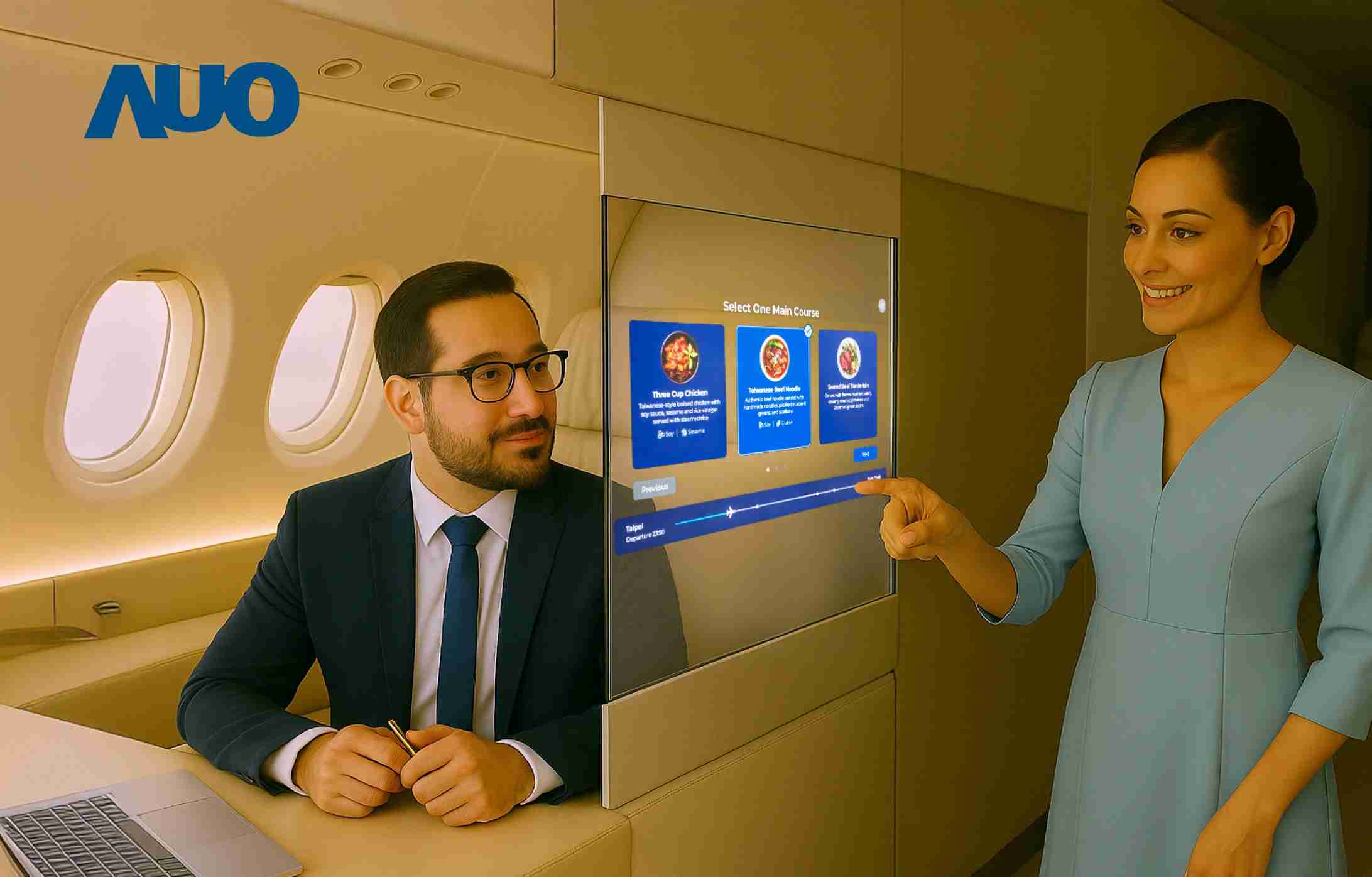 尊时凯龙研发全球最薄17.3 吋双面透明 Micro LED 显示器，，，，可在同一屏幕之双边投射不同信息，，创造独特的”透明化”互动；图为实时翻译交流应用情境